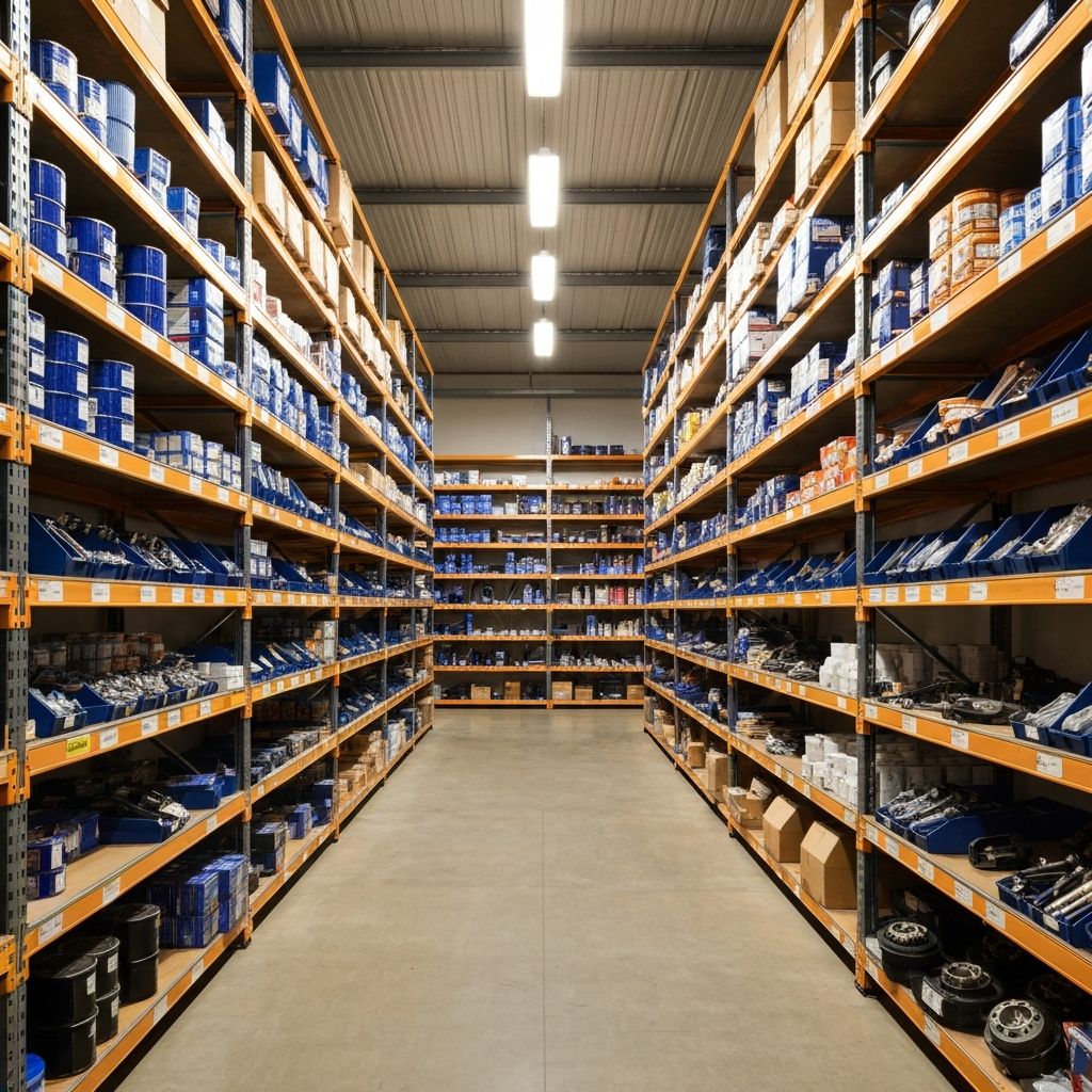 Auto parts warehouse interior showing organized shelving